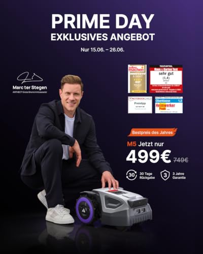 ANTHBOT M5 Mähroboter ohne Begrenzungskabel, Neuer Genie mit NRTK-Navigation & Dual-Vision, bis 500 m² (max. 700 m²), Schnitthöhe per App