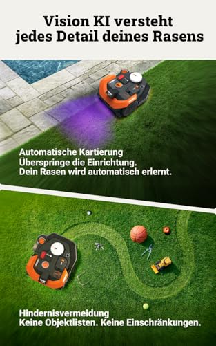 Worx Landroid Vision Cloud WR308E 2WD Mähroboter mit Night-Mow-Modul, kabelloser Rasenmähroboter für bis zu 800 m², (KI-Hinderniserkennung, VSLAM +