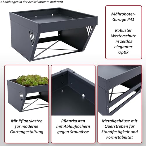 Mähroboter-Garage mit Pflanzkasten HWC-P41, Dach Unterstand Rasenmäher Metall 40x60x70cm - Edelstahl