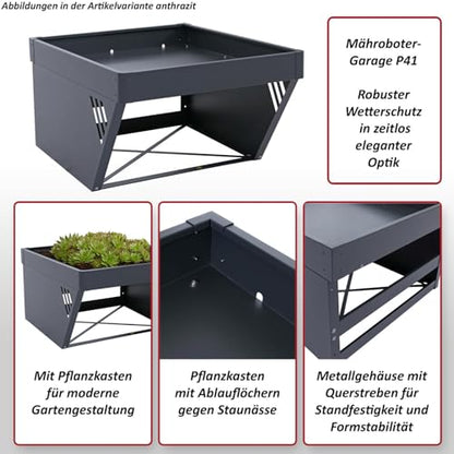 Mähroboter-Garage mit Pflanzkasten HWC-P41, Dach Unterstand Rasenmäher Metall 40x60x70cm - Edelstahl